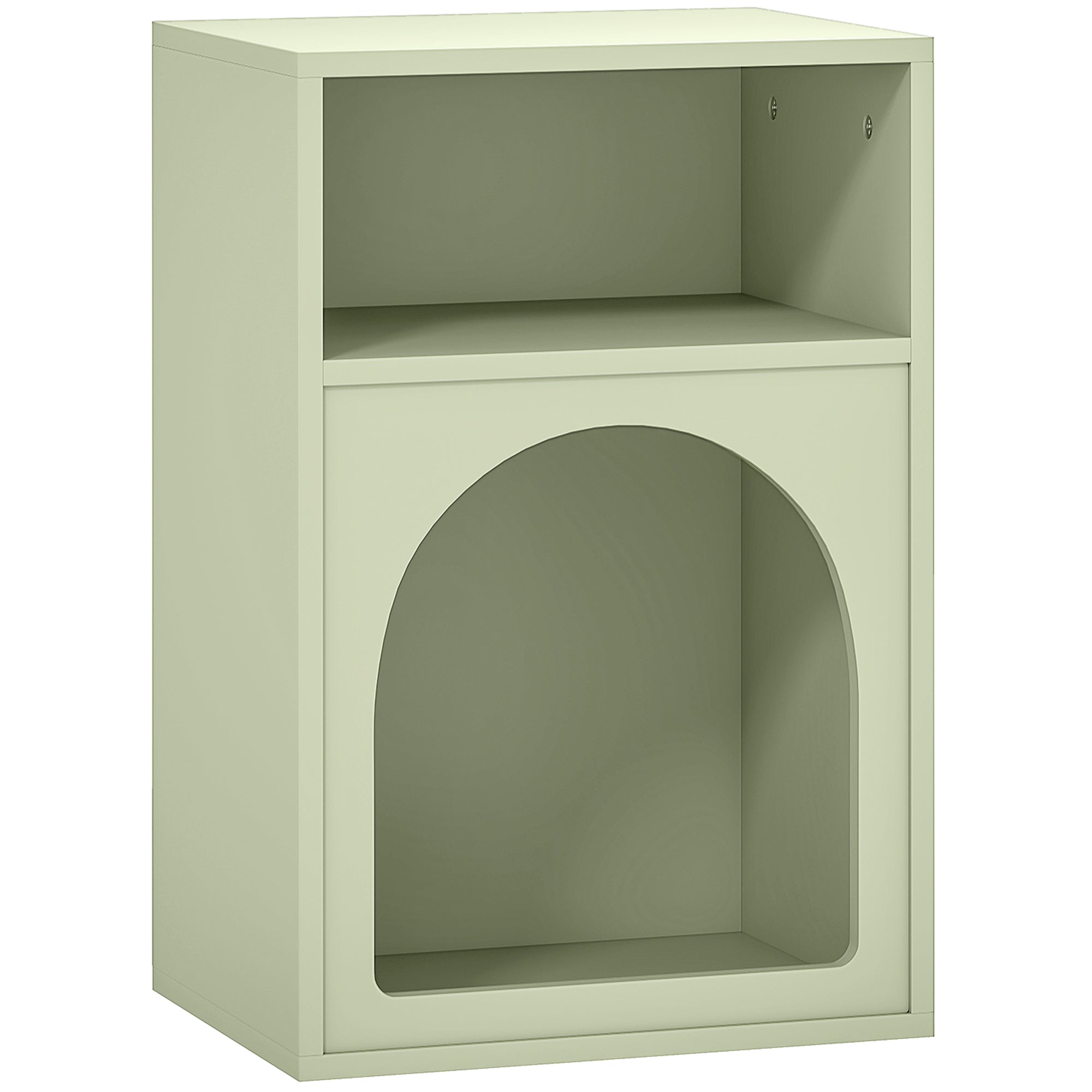 Minimalist light green bedside table with two open compartments and an arched lower shelf for easy storage