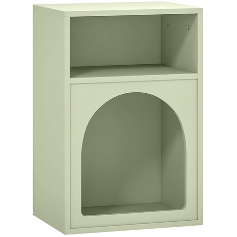 Minimalist light green bedside table with two open compartments and an arched lower shelf for easy storage