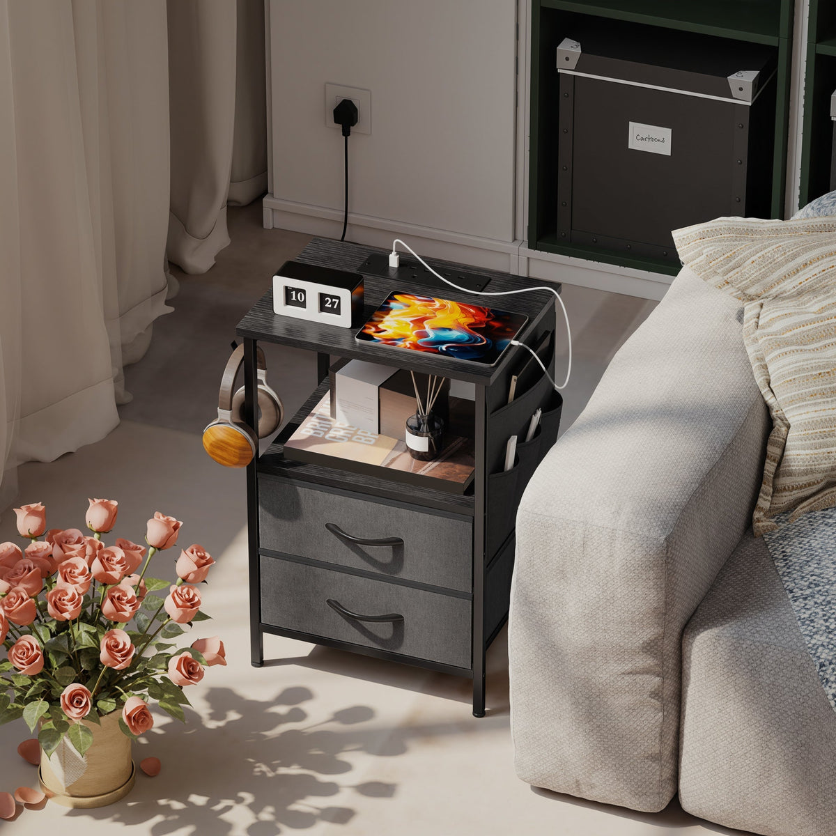 Black homcom bedside table with two drawers metal handles and built-in charging station for easy device access