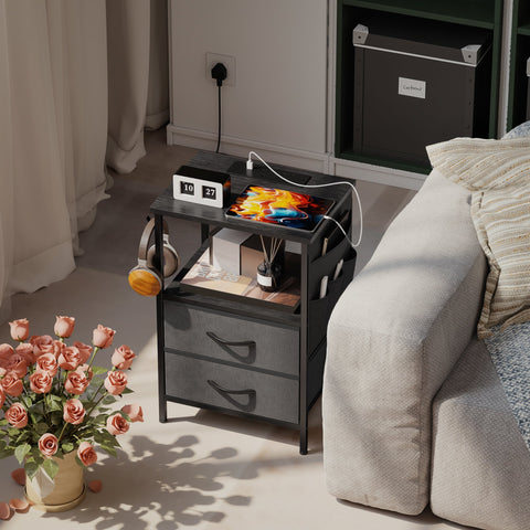 Black homcom bedside table with two drawers metal handles and built-in charging station for easy device access