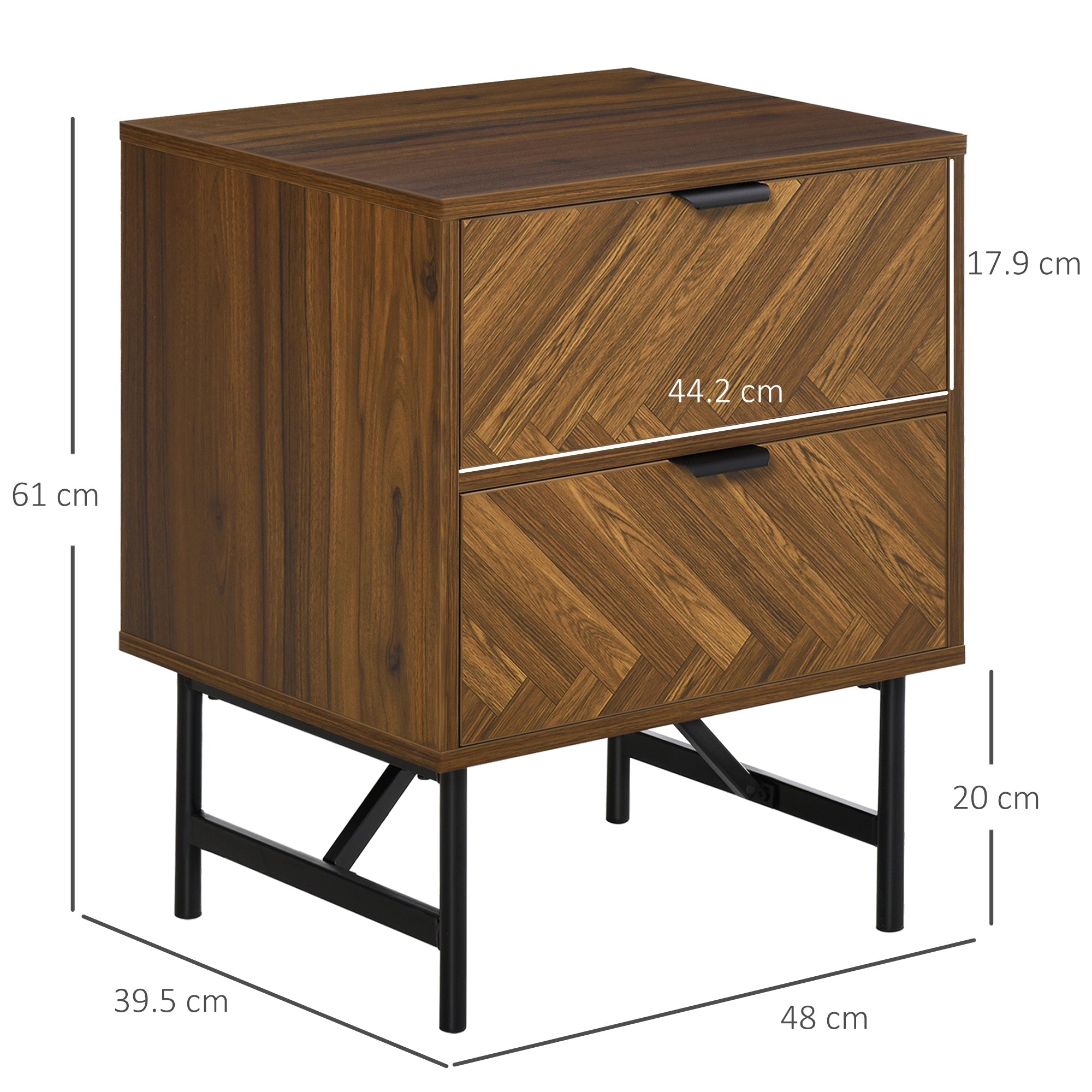 Modern homcom bedside table with two drawers, dark wood particle board finish, sleek black metal legs, ideal for bedroom use
