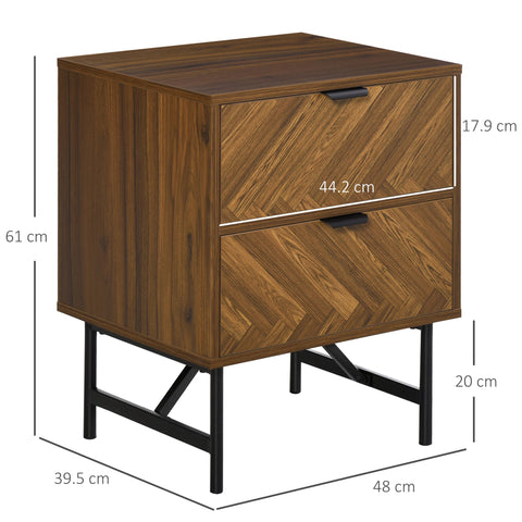 Modern homcom bedside table with two drawers, dark wood particle board finish, sleek black metal legs, ideal for bedroom use