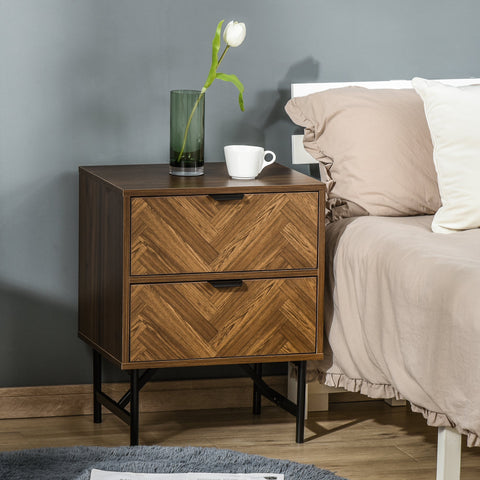 Dark wood HOMCOM bedside table with two drawers, herringbone pattern, black metal legs, made of particle board