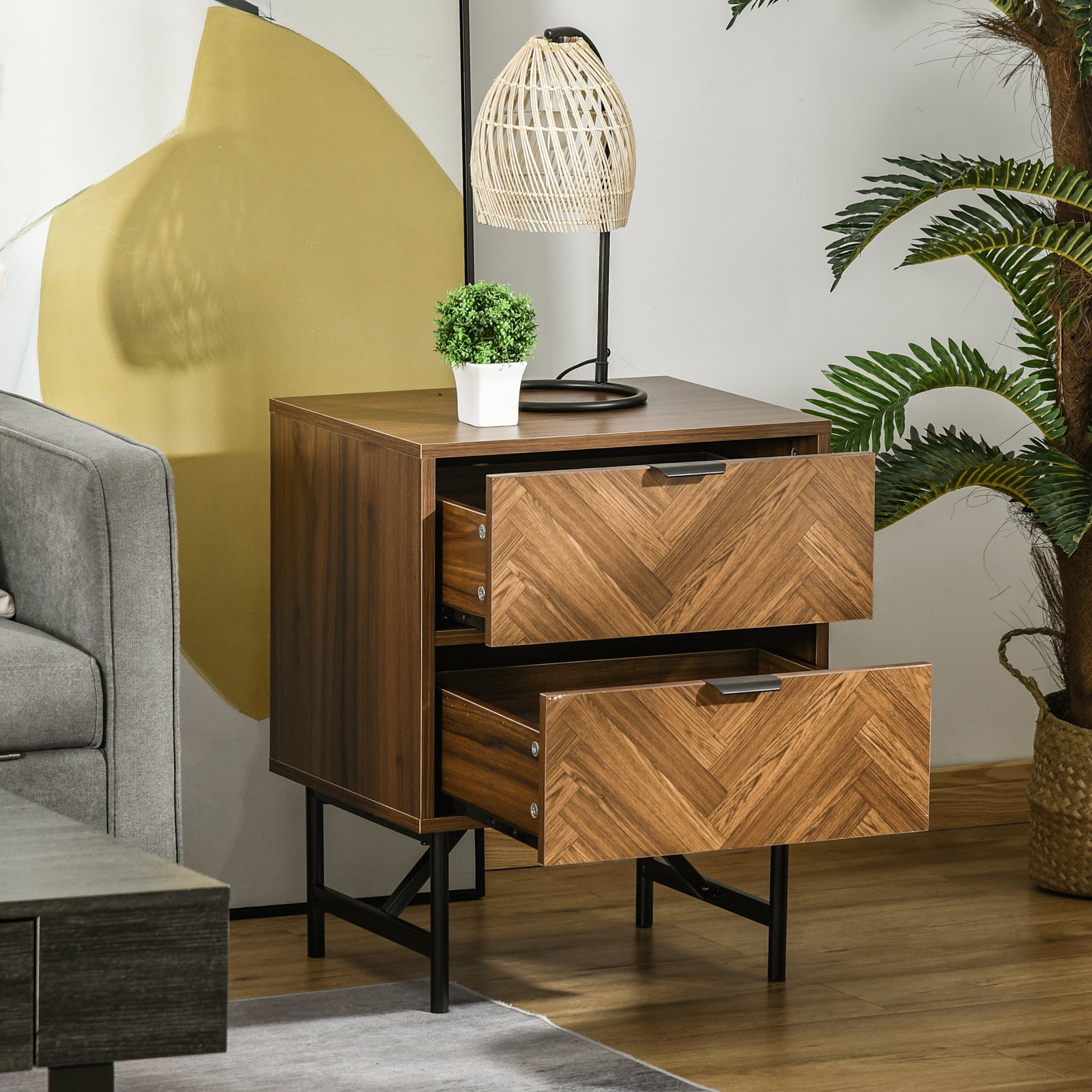 Modern walnut brown bedside table with two drawers and herringbone particle board top and black metal legs