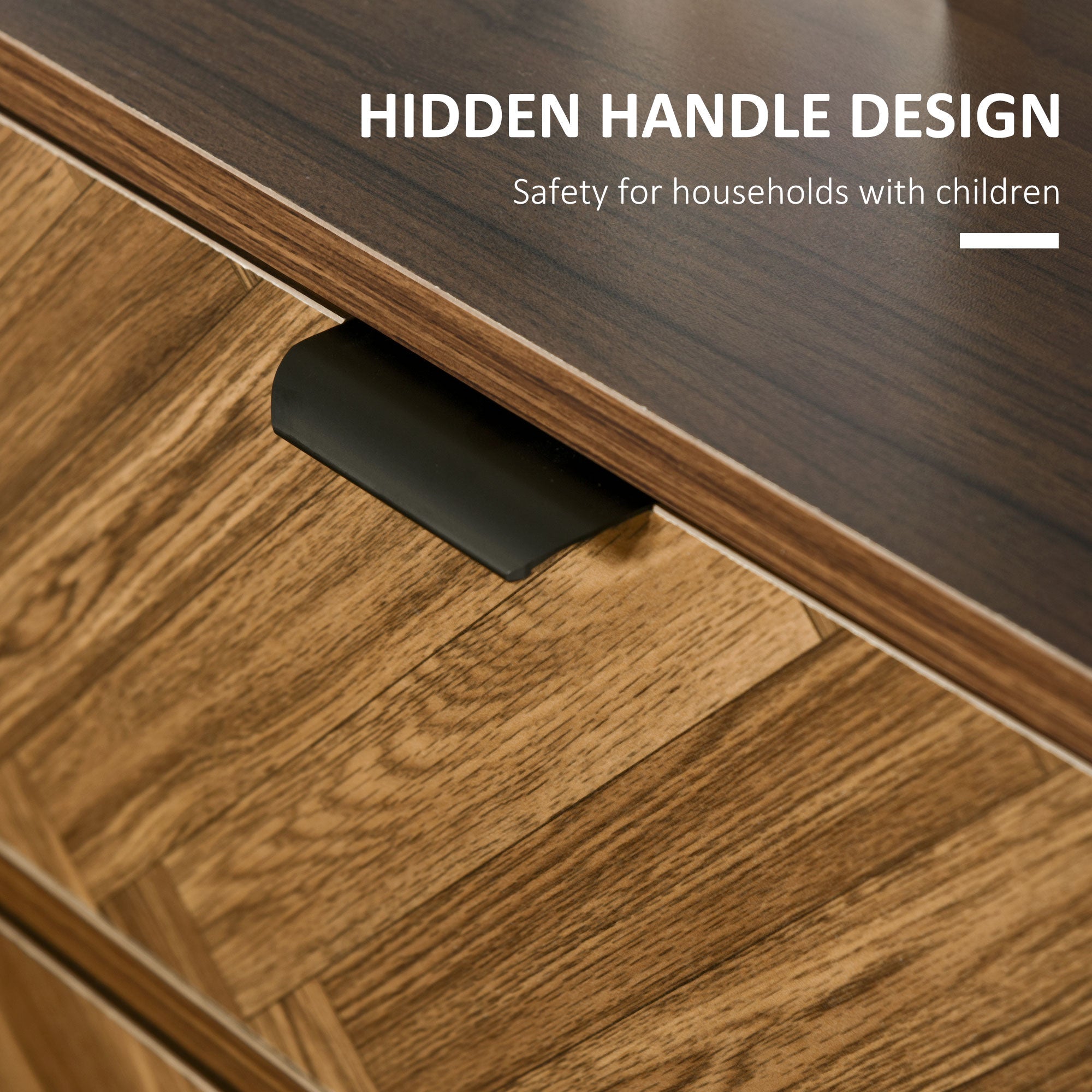 Black hidden handle on walnut brown particle board bedside table with two drawers for child safety and storage