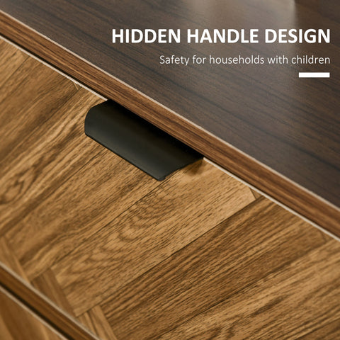 Black hidden handle on walnut brown particle board bedside table with two drawers for child safety and storage