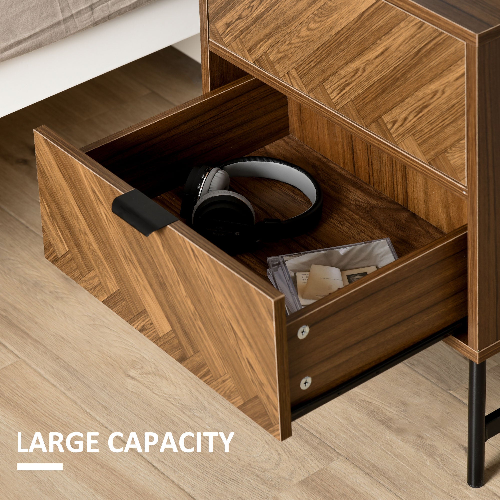 Homcom bedside table in walnut brown particle board with two drawers and black metal legs showing open drawer with headphones
