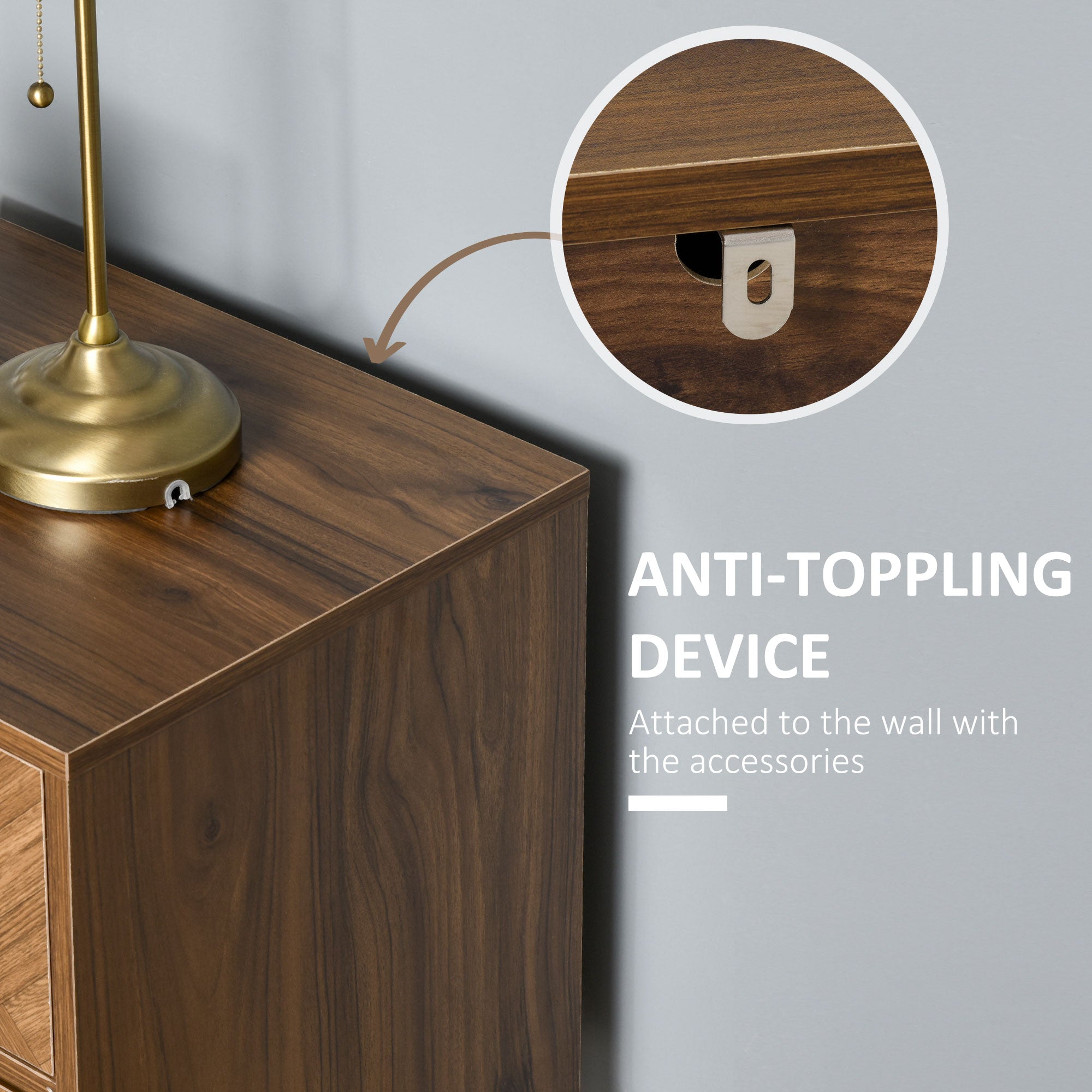 Bronze-finished anti-toppling device shown on the back of homcom walnut brown particle board bedside table with two drawers