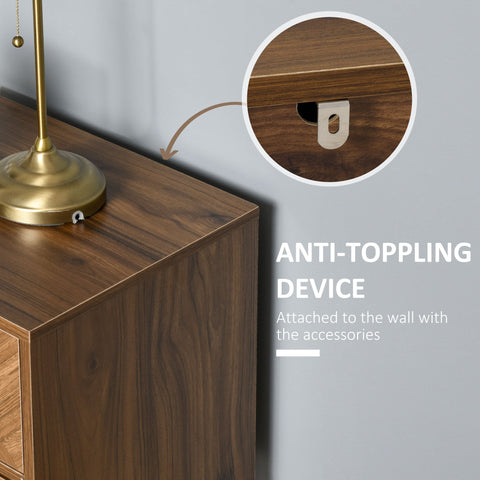 Bronze-finished anti-toppling device shown on the back of homcom walnut brown particle board bedside table with two drawers