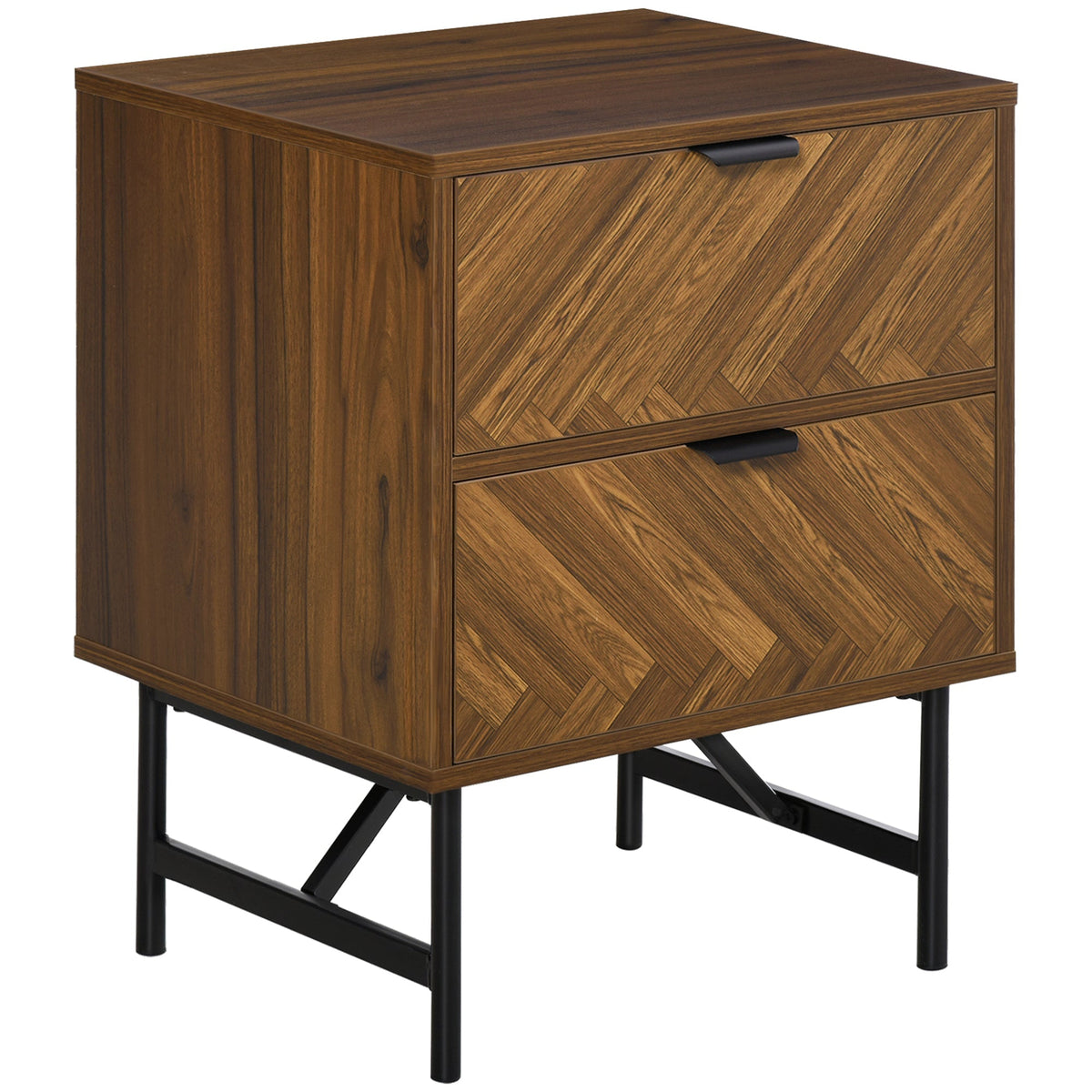 Modern homcom bedside table with two drawers in walnut brown particle board and sleek black metal legs