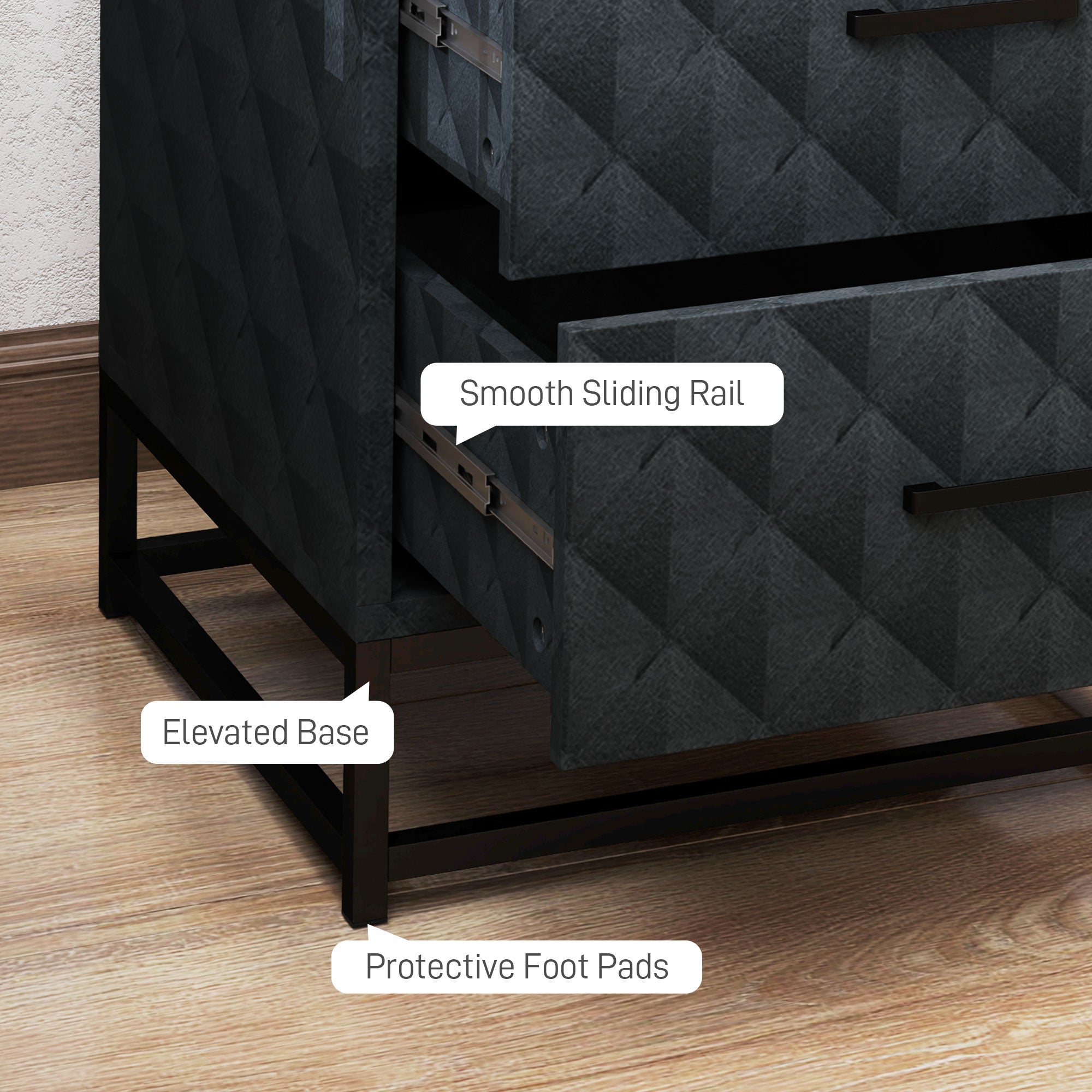 Black textured bedside table with geometric pattern, metal drawer slides, and black steel frame for bedroom storage