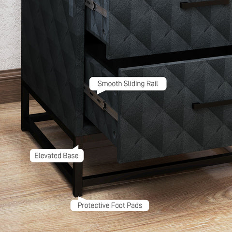 Black textured bedside table with geometric pattern, metal drawer slides, and black steel frame for bedroom storage