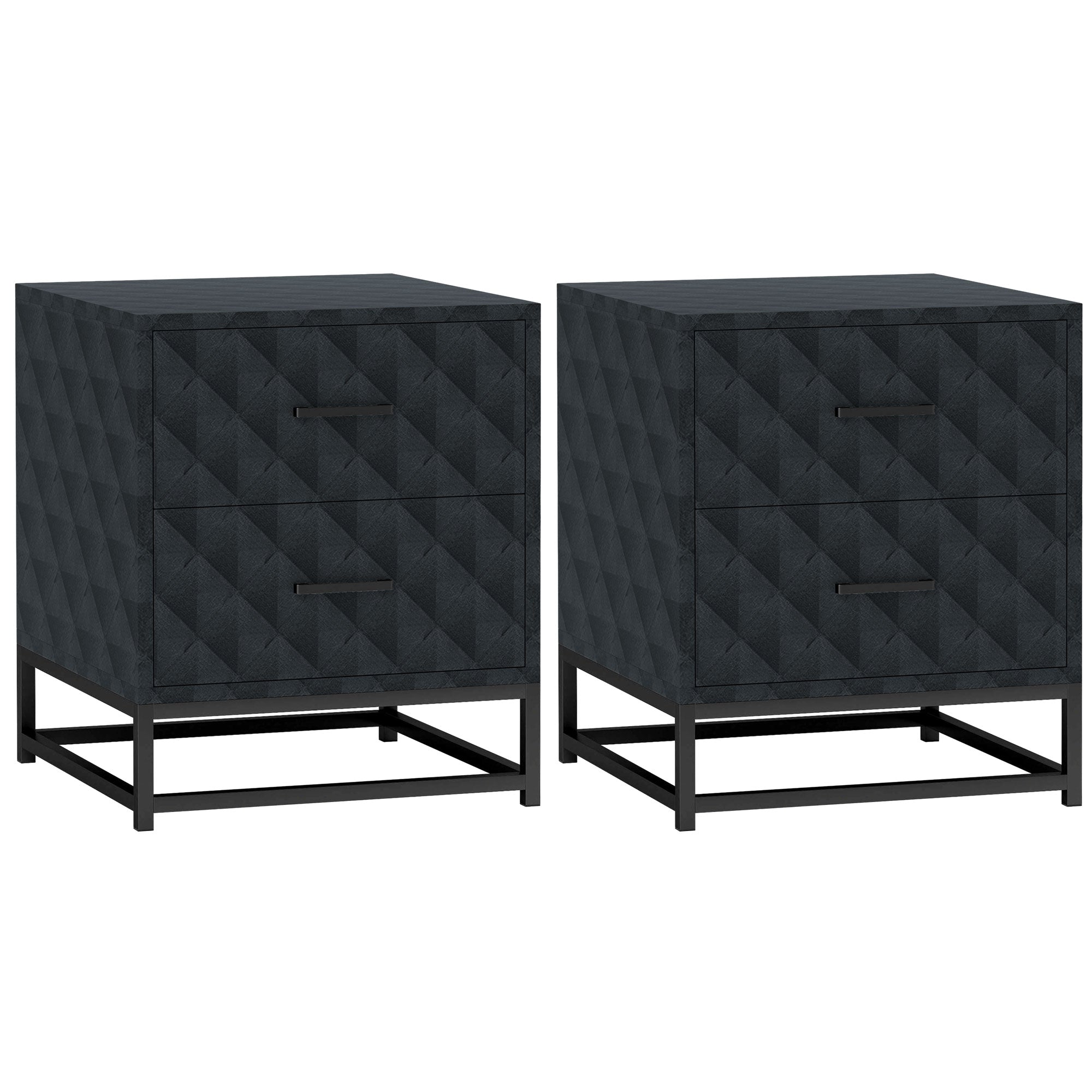 Black diamond-patterned bedside tables with sleek black steel frame and two drawers for bedroom or living room storage