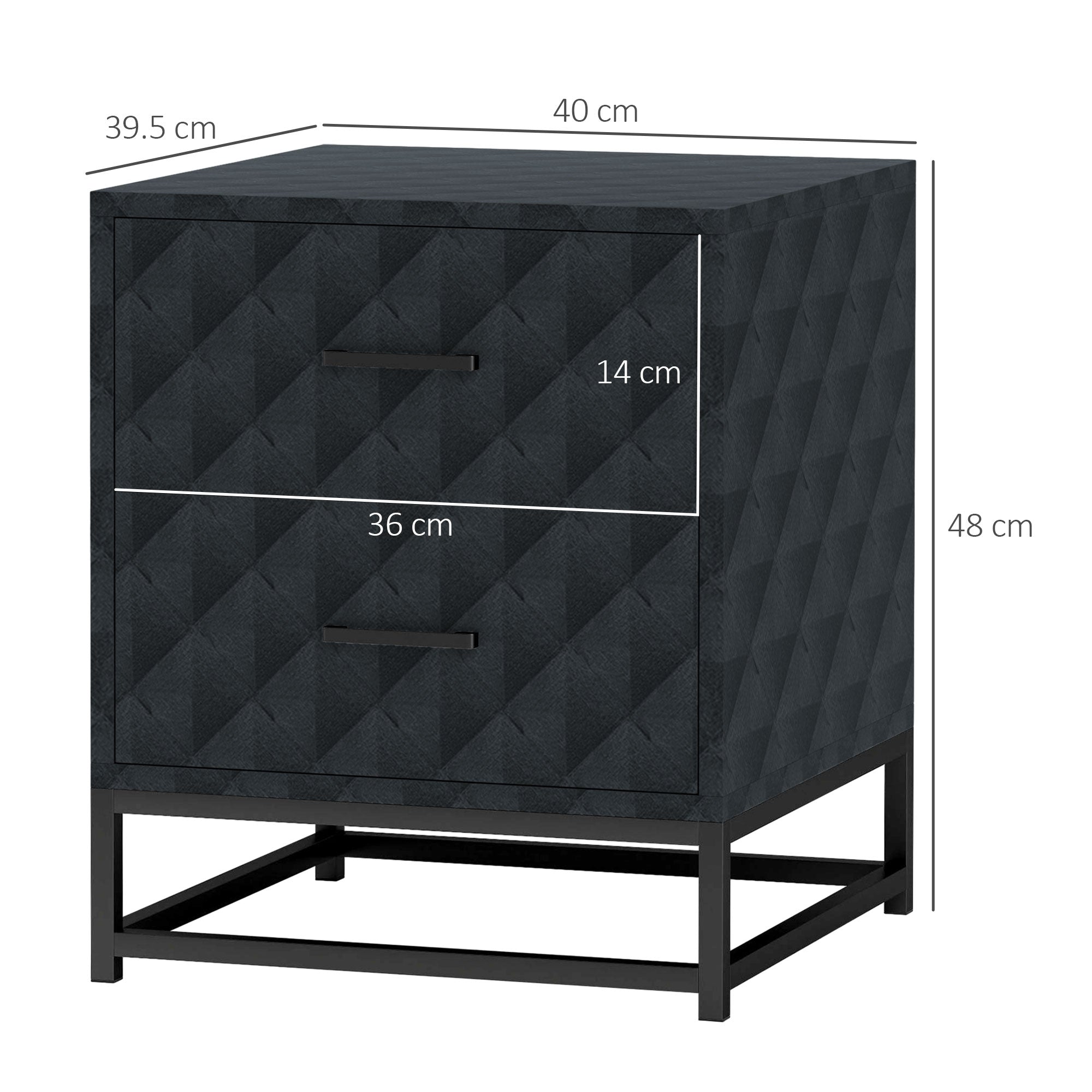 Black bedside table with quilted diamond pattern and black steel frame featuring two drawers for storage