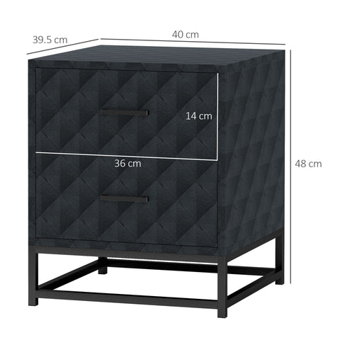 Black bedside table with quilted diamond pattern and black steel frame featuring two drawers for storage