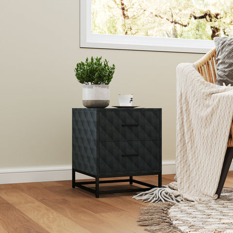 Black diamond patterned bedside table with two drawers and black steel frame legs for bedroom or living room storage