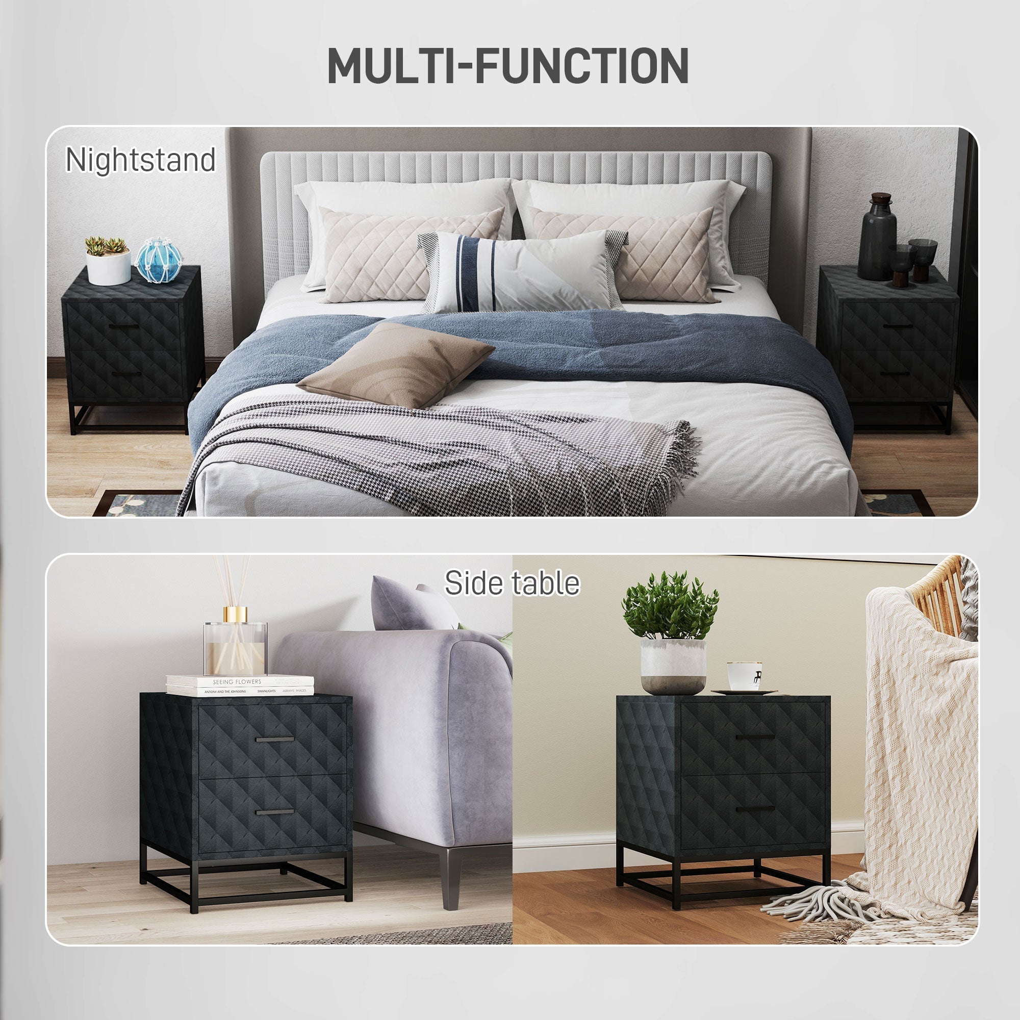Black quilted bedside table with two drawers and sleek black steel frame legs for bedroom or living room use