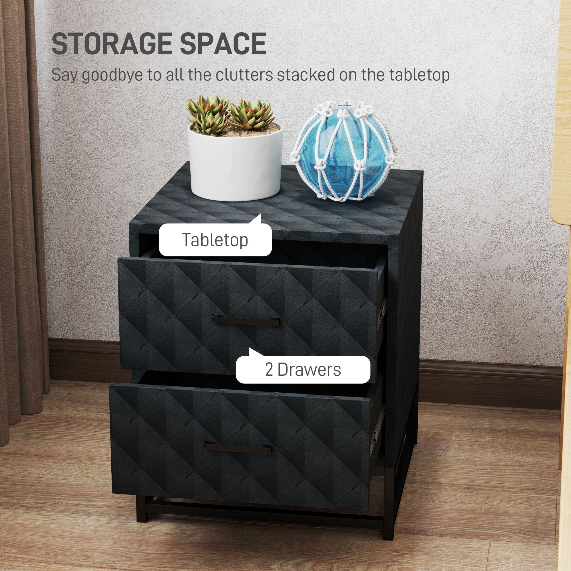 Black diamond patterned bedside table with two drawers and black steel frame for bedroom storage and style