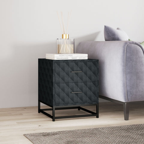 Black diamond-quilted bedside table with two drawers and sleek black steel frame for bedroom or living room storage
