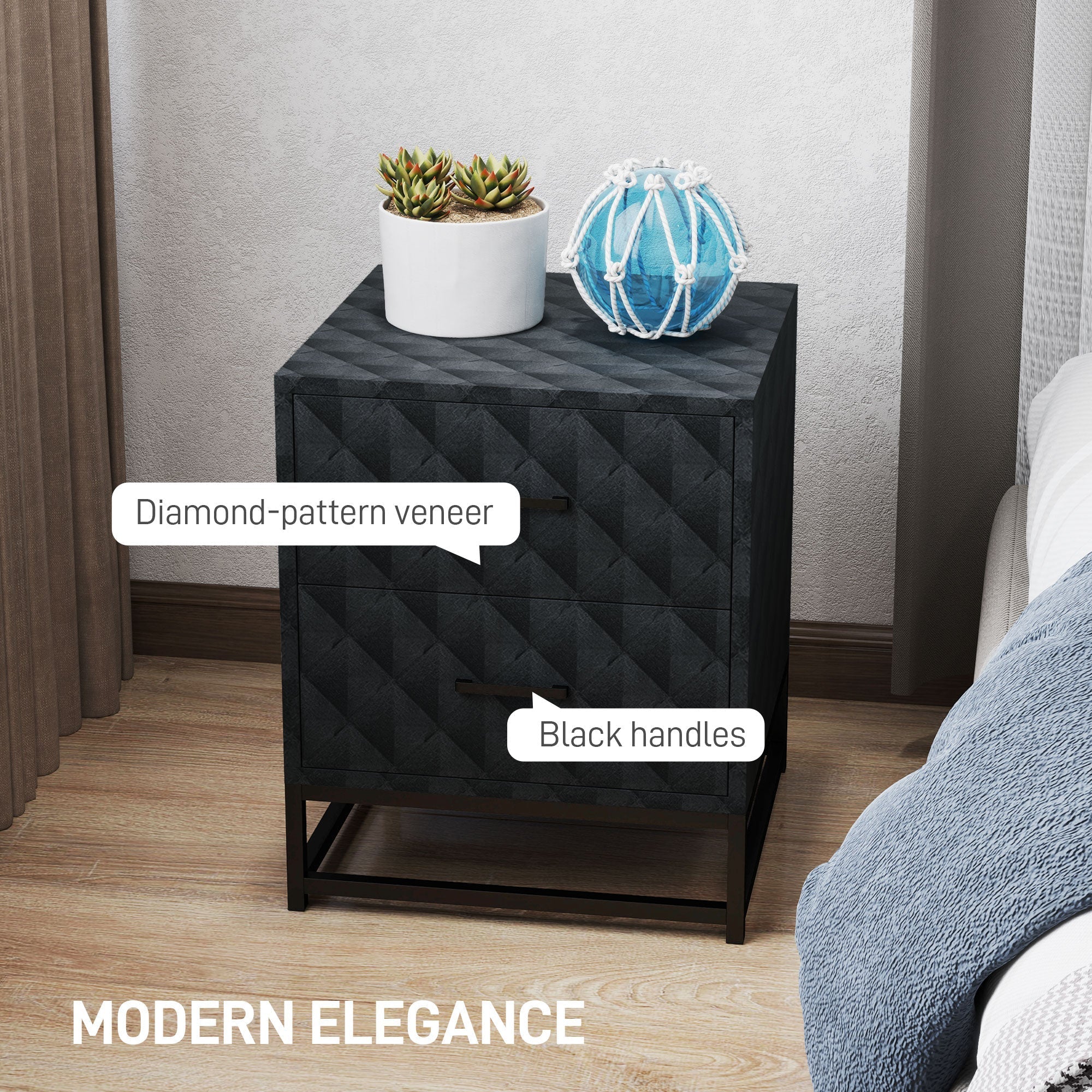 Black bedside table with diamond-pattern veneer and black steel frame handles in a modern HOMCOM set of 2