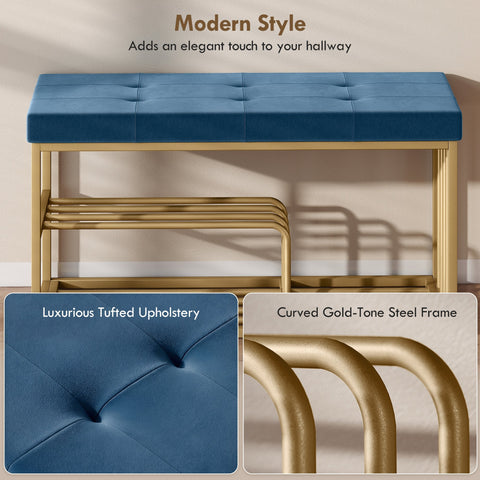 Blue tufted upholstered shoe storage bench with velvet seat cushion and curved gold steel frame for entryway storage
