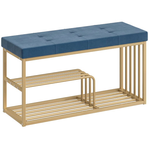 Blue tufted velvet shoe storage bench with gold steel frame and two slatted shelves for entryway storage