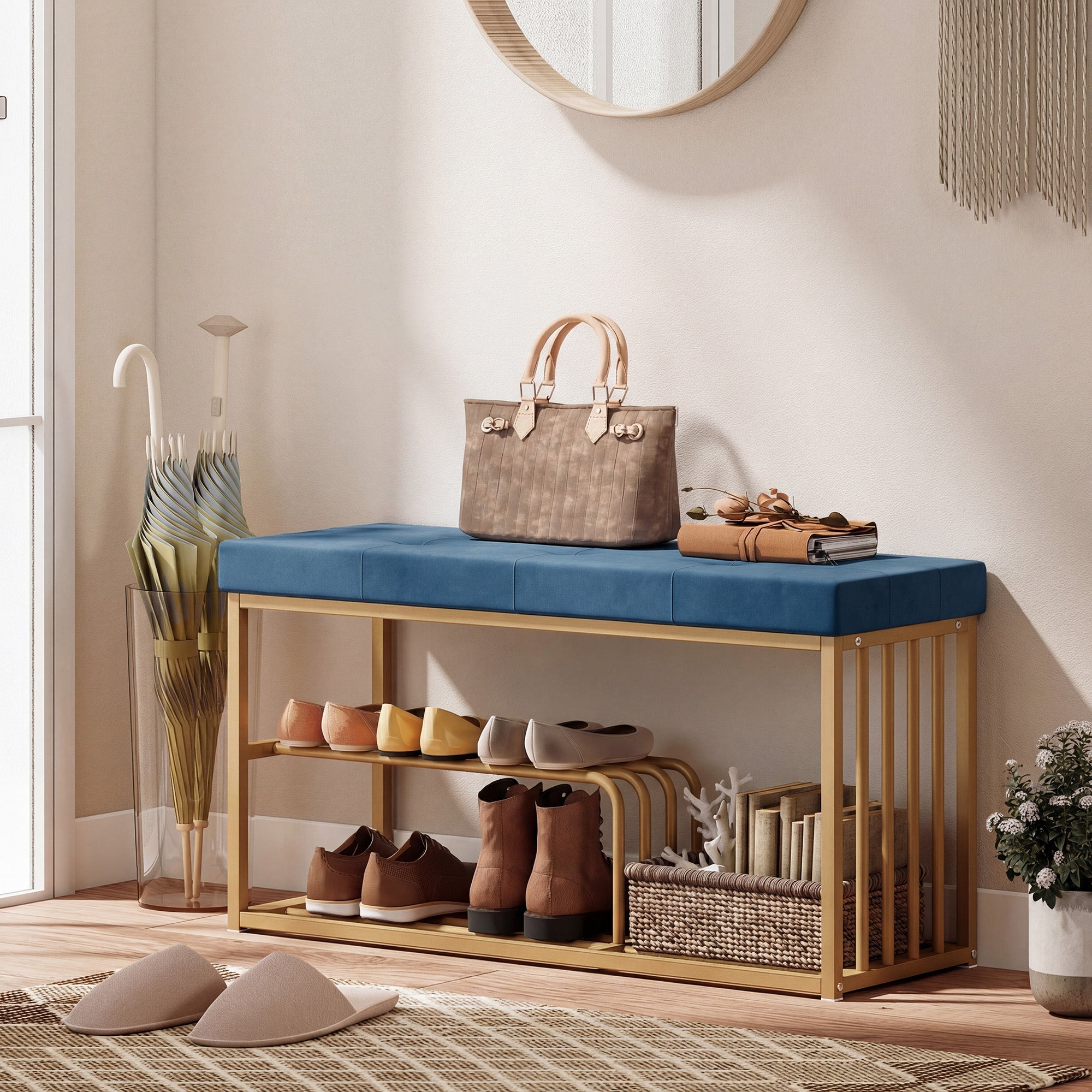 Blue upholstered HOMCOM shoe storage bench with gold steel frame and velvet cushion for entryway storage bench