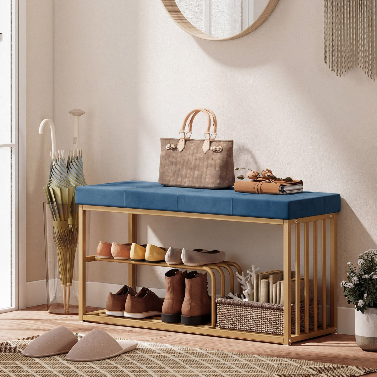 Blue upholstered HOMCOM shoe storage bench with gold steel frame and velvet cushion for entryway storage bench
