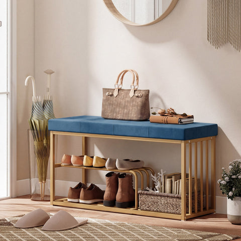 Blue upholstered HOMCOM shoe storage bench with gold steel frame and velvet cushion for entryway storage bench