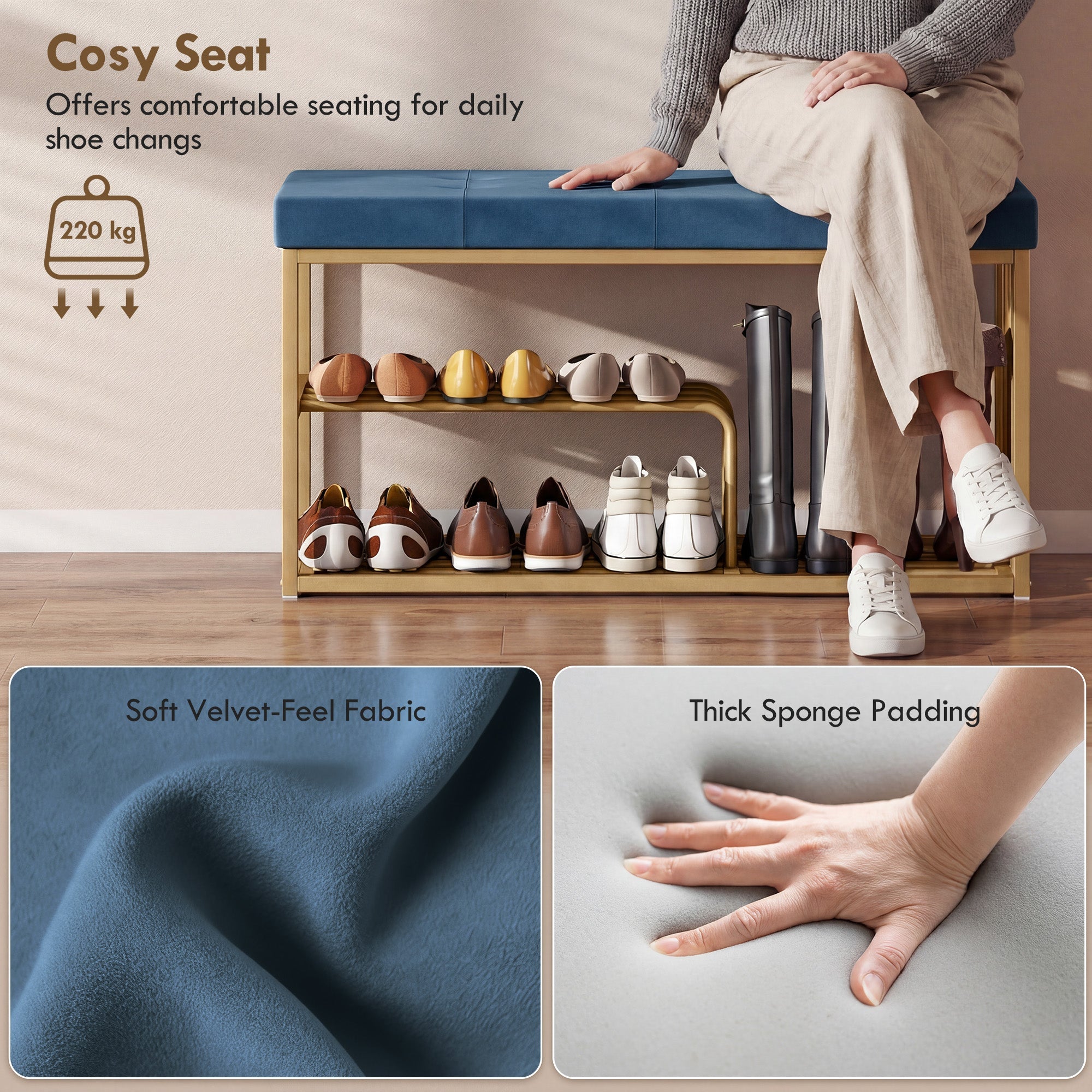 Homcom shoe storage bench with blue velvet seat cushion thick sponge padding on gold steel frame for entryway