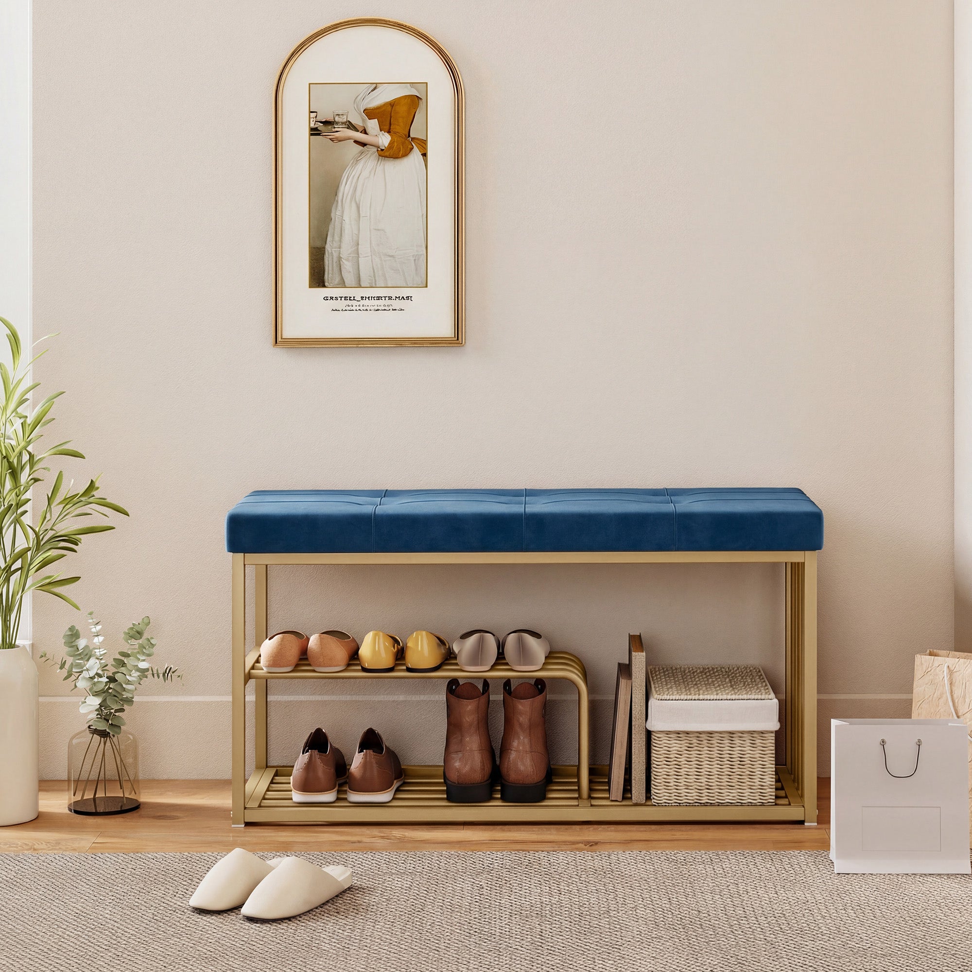 Blue upholstered HOMCOM shoe storage bench with gold steel frame and two shelves for entryway storage