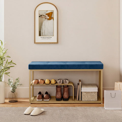 Blue upholstered HOMCOM shoe storage bench with gold steel frame and two shelves for entryway storage