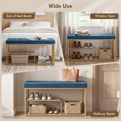 Blue upholstered HOMCOM storage bench with wooden frame and open shelves perfect for shoe storage in entryway