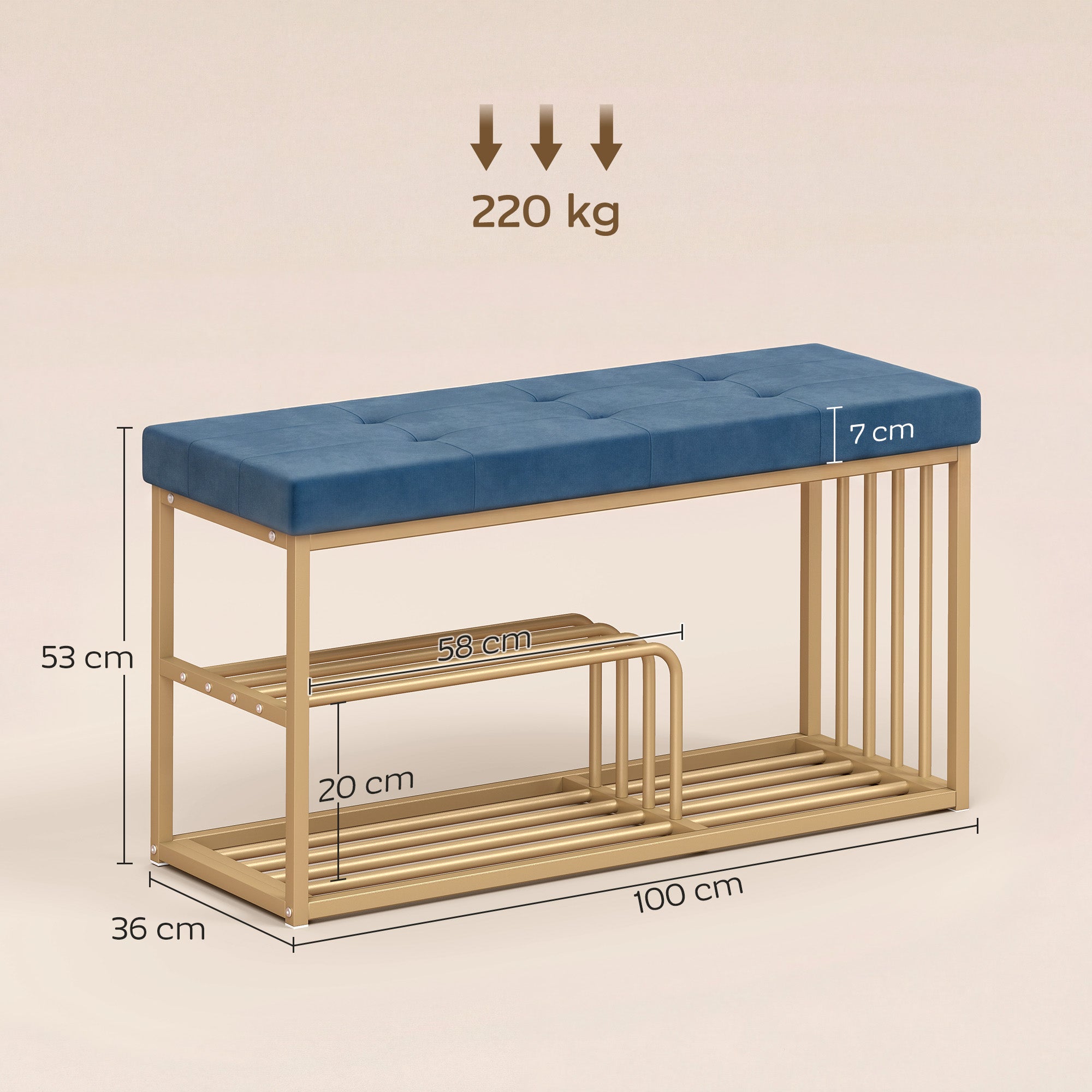 Blue tufted velvet cushioned bench with gold steel frame and two shelves for shoe storage and entryway use