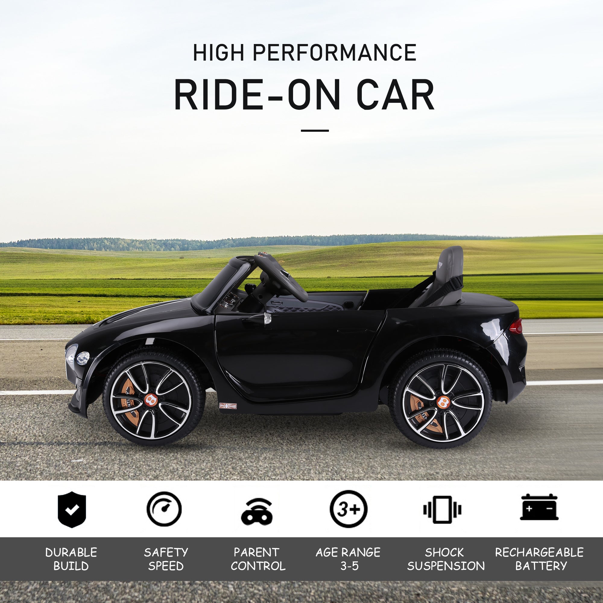 HOMCOM Bentley GT Licensed 12V Electric Car for Kids, Kid's Electric Ride on with Remote Control, Ride on Car with LED Lights, Music, for 3-5 Years, Black