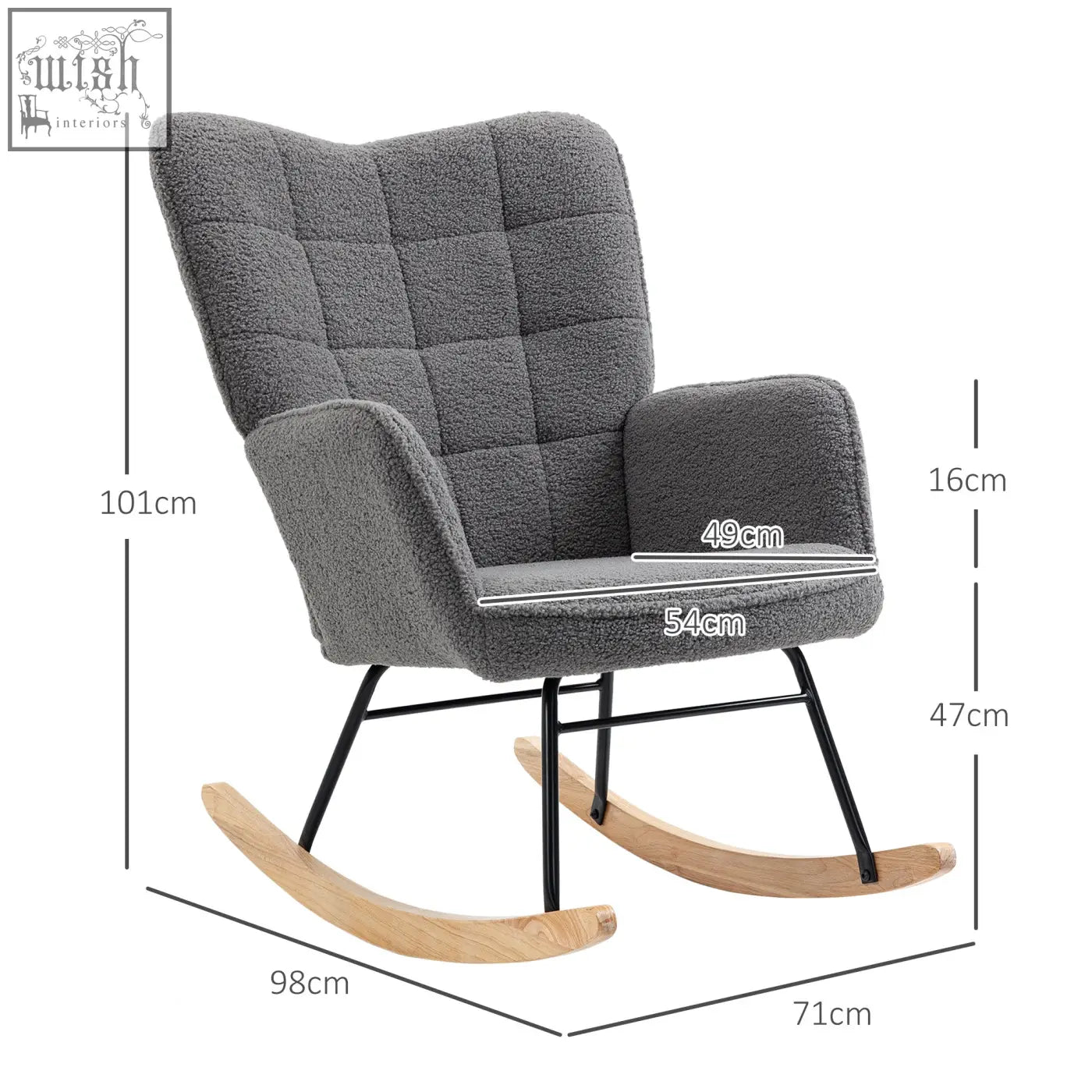 Gray tufted rocking chair with black metal frame and curved wooden base for gentle rocking in nursery or living room