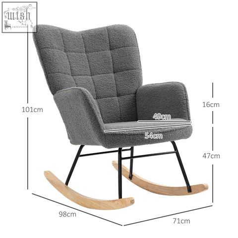Gray tufted rocking chair with black metal frame and curved wooden base for gentle rocking in nursery or living room