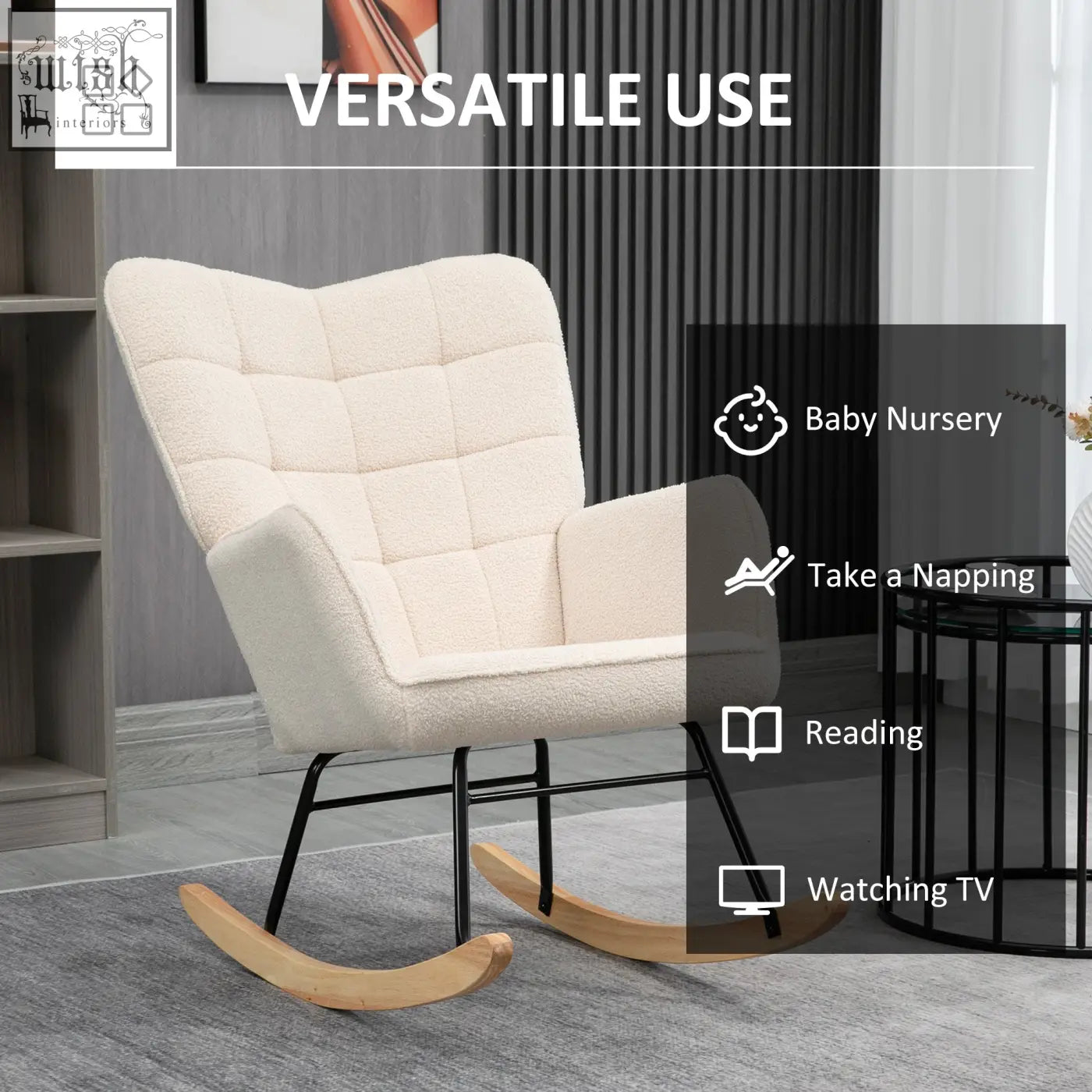 Cream-colored plush tufted rocking chair with black metal frame and curved wooden base for gentle rocking