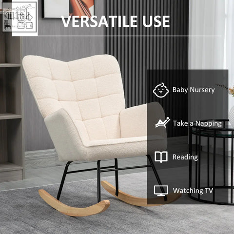 Cream-colored plush tufted rocking chair with black metal frame and curved wooden base for gentle rocking
