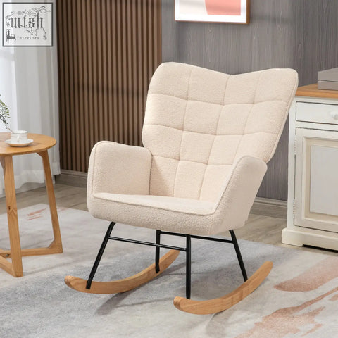Cream-colored homcom nursery glider rocking chair with plush tufted seat and curved wooden base for gentle rocking