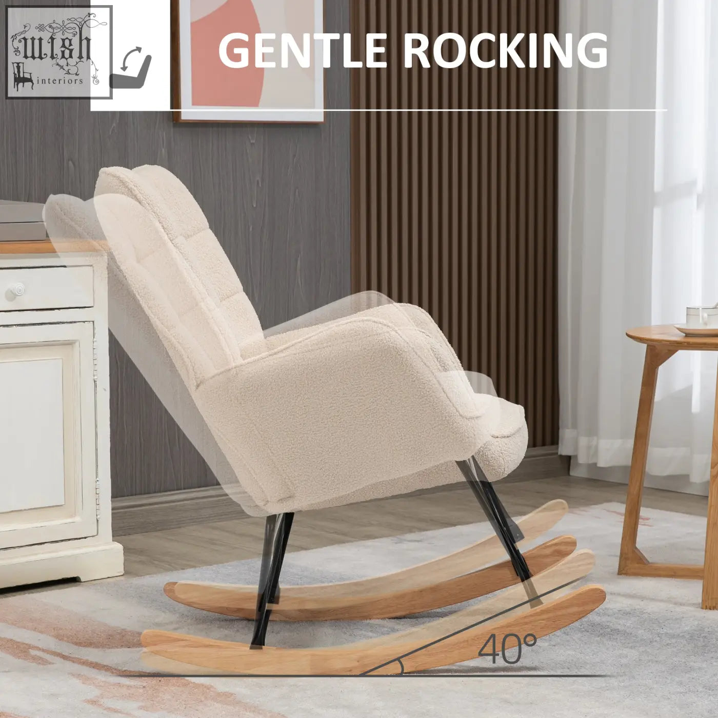 Cream-colored homcom berber fleece rocking chair with black metal legs and curved wooden base for gentle rocking
