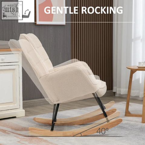 Cream-colored homcom berber fleece rocking chair with black metal legs and curved wooden base for gentle rocking