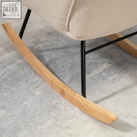 Beige homcom berber fleece nursing glider rocking chair with curved wooden base and black metal legs for gentle rocking