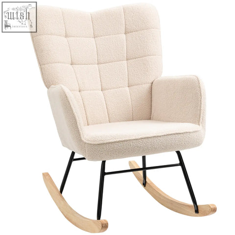 Cream-colored plush tufted rocking chair with black metal frame and curved wooden base for gentle rocking and nursing