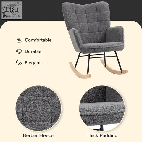 Gray upholstered rocking chair with plush berber fleece finish and curved wooden base for gentle rocking and nursing