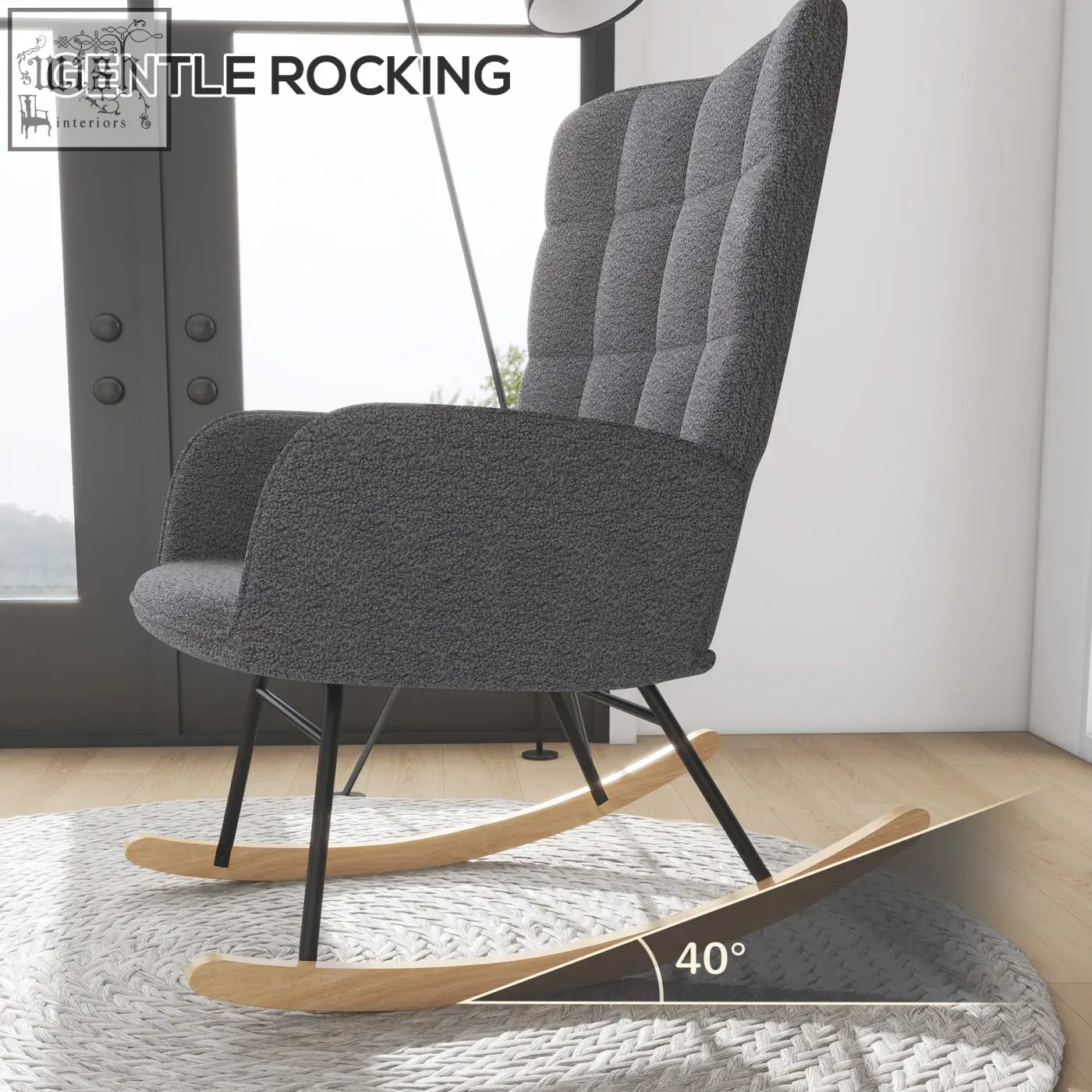 Dark grey homcom berber fleece rocking chair with black metal legs and curved wooden base for gentle rocking