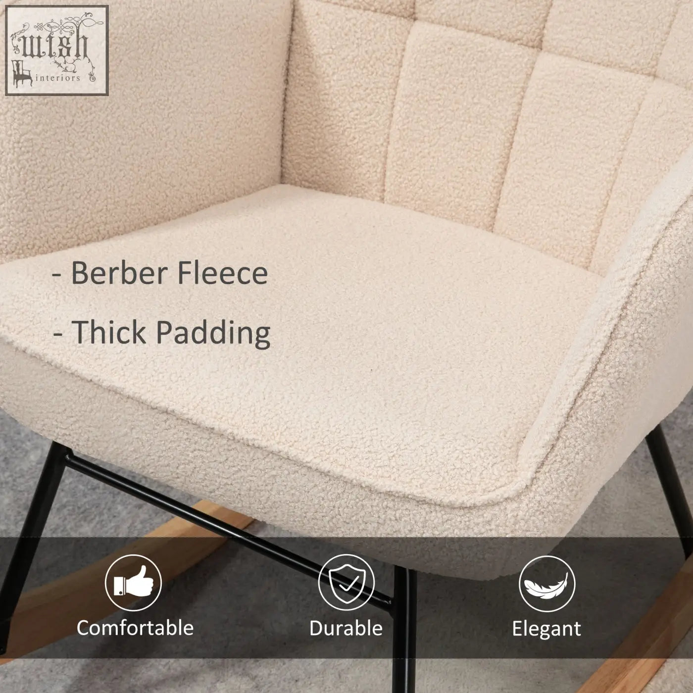 Cream-colored homcom rocking chair with soft berber fleece, quilted detailing, and black metal legs for gentle rocking