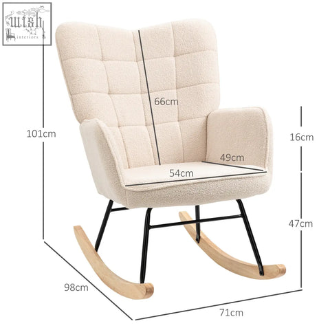 Beige cream-colored plush tufted rocking chair with black metal frame and curved wooden base for gentle rocking