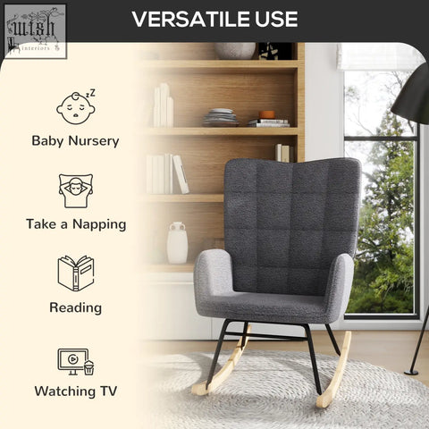 Dark grey homcom berber fleece nursery glider rocking chair with curved wooden base and gentle rocking motion