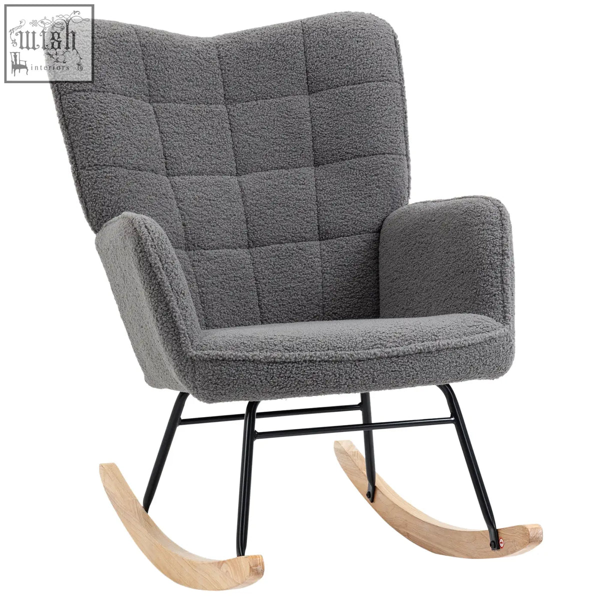 Dark grey homcom nursery glider rocking chair with gray tufted seat and black metal frame curved wooden base for gentle rocking